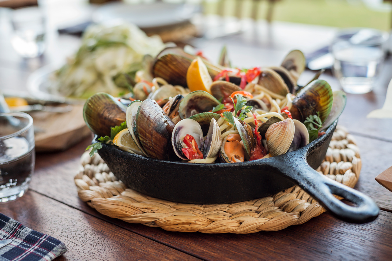 Mussel and clams in pot